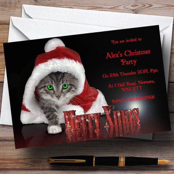 Santa Cat Customised Christmas Party Invitations