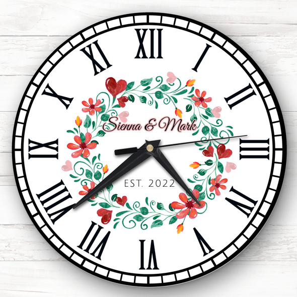 Green Red Floral Established Anniversary Valentine's Day Gift Personalised Clock