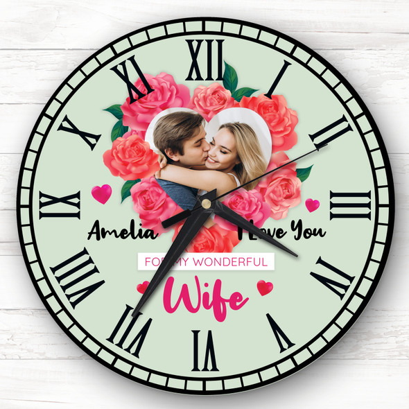 Wife I Love You Photo Valentine's Day Gift Anniversary Green Personalised Clock