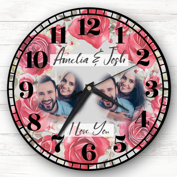 Love You Photo Flowers Anniversary Valentine's Day Gift Grey Personalised Clock