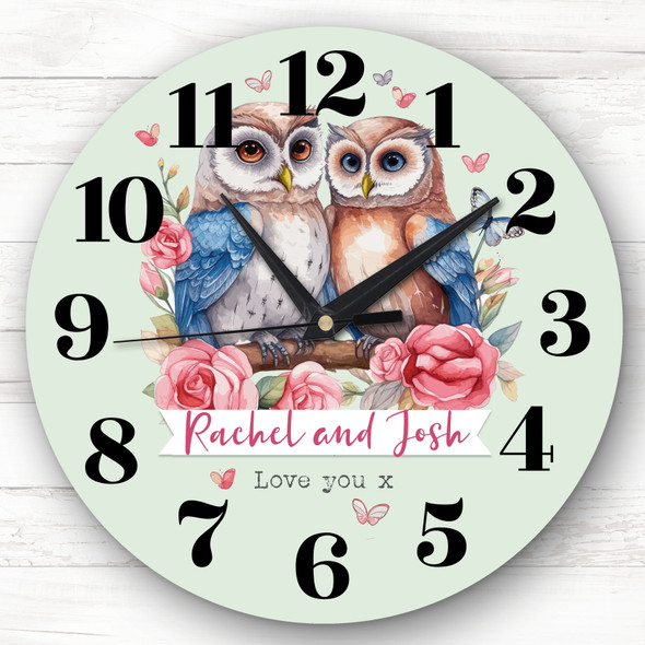 Owl Couple Love Birds Valentine's Day Gift Anniversary Green Personalised Clock