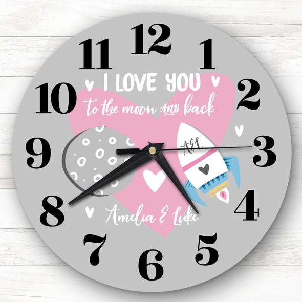 To The Moon And Back Valentine's Day Anniversary Gift Grey Personalised Clock