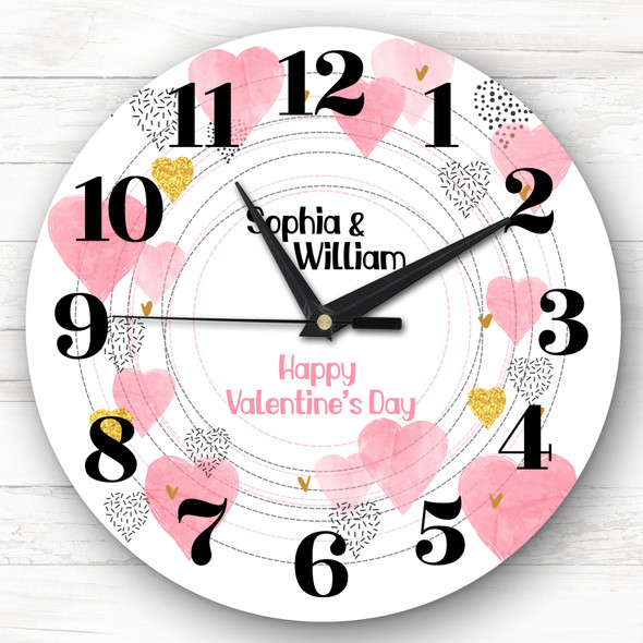 Watercolour Gold Pink Hearts Valentine's Day Gift Personalised Clock