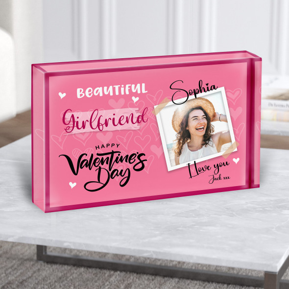 Girlfriend Valentine's Gift Pink Background Photo Personalised Acrylic Block