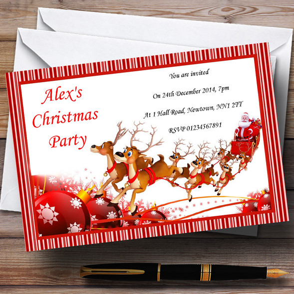 Candy Stripe Santa Sleigh Customised Christmas Party Invitations