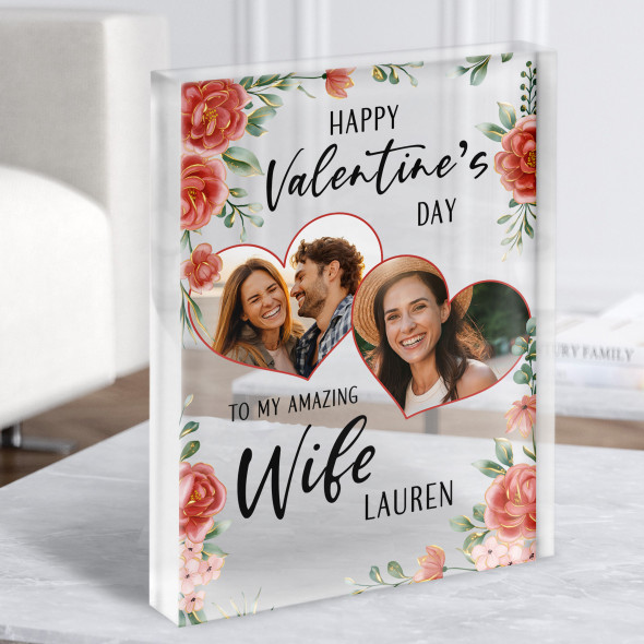 Valentine's Day Gift For Wife Hearts Floral Photo Custom Clear Acrylic Block