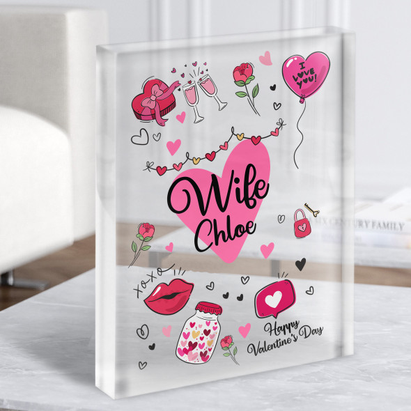 Valentine's Gift For Wife Pink Love Doodles Personalised Clear Acrylic Block