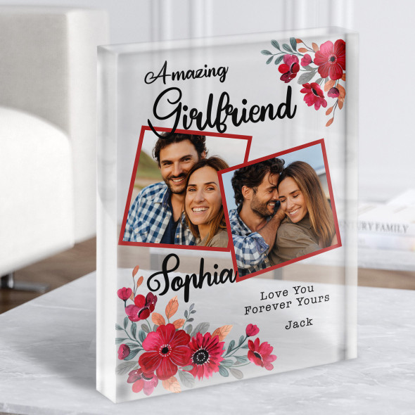 Romantic Gift For Girlfriend Red Floral Photo Personalised Clear Acrylic Block