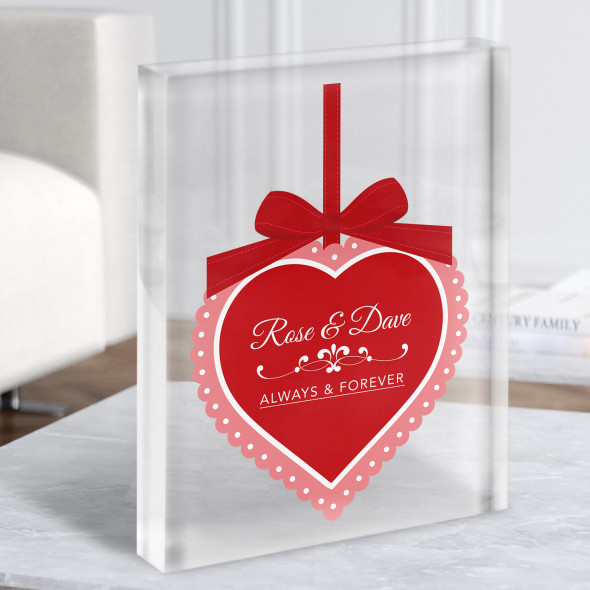 Hanging Heart Red Bow Romantic Gift Personalised Clear Acrylic Block