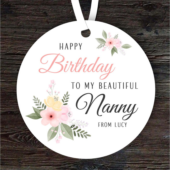 Beautiful Nanny Pink Flowers Birthday Gift Round Personalised Hanging Ornament