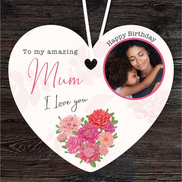 Mum Floral Pink Photo Frame Birthday Gift Heart Personalised Hanging Ornament