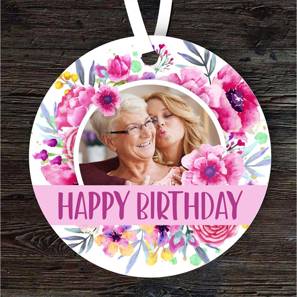 Happy Birthday Gift Bright Flowers Photo Round Personalised Hanging Ornament