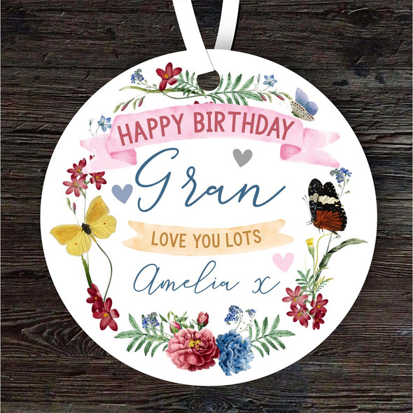 Gran Happy Birthday Gift Flower Wreath Round Personalised Hanging Ornament