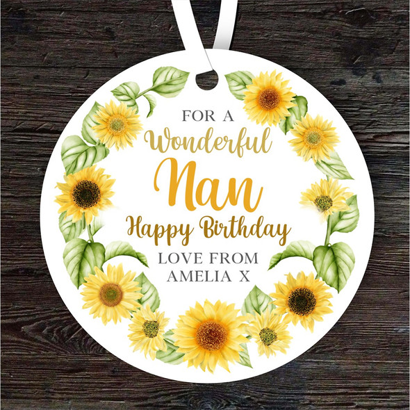 Nan Sunflowers Birthday Gift Yellow Round Personalised Hanging Ornament