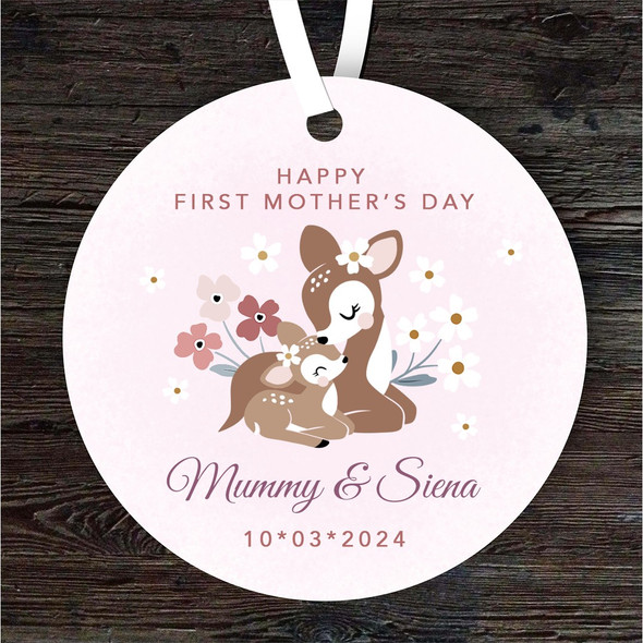 Deer Mum With Baby First Mother's Day Gift Round Personalised Hanging Ornament