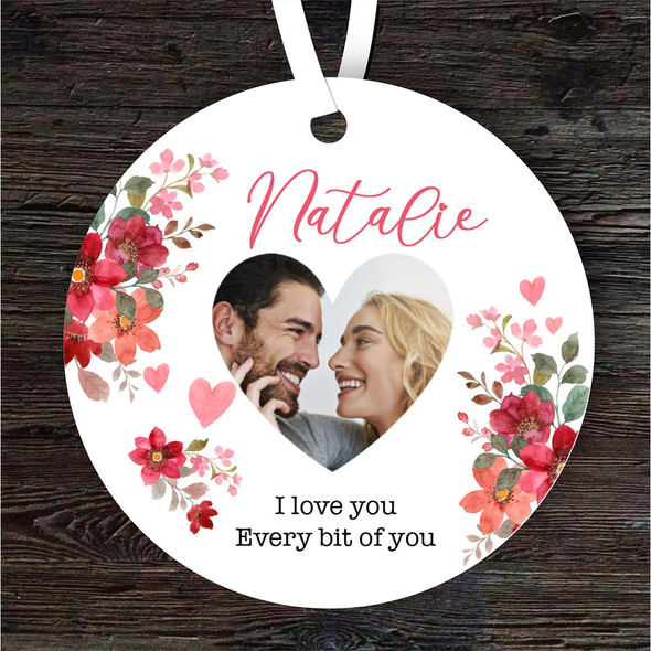 Floral Heart Photo Romantic Gift Round Personalised Hanging Ornament