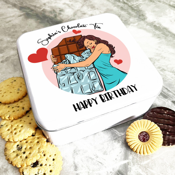 Square Woman Hugging Chocolate Birthday Gift Personalised Treat Tin