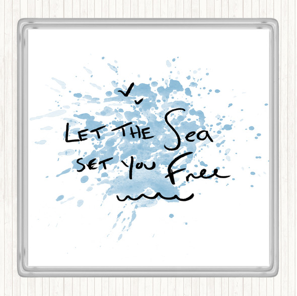 Blue White Sea Set Free Inspirational Quote Coaster