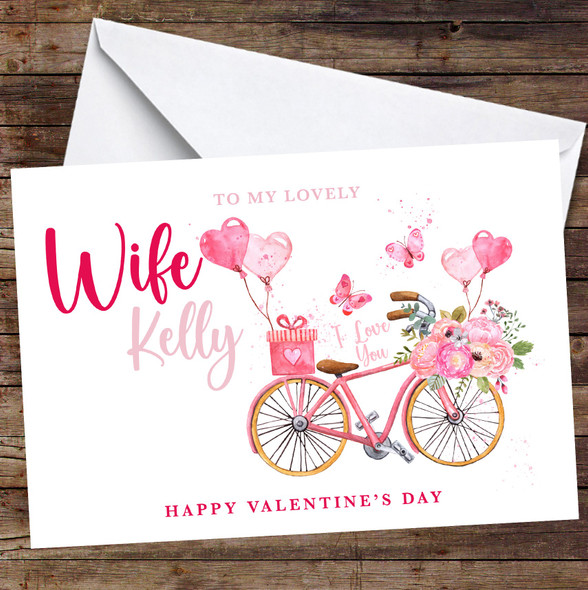 Personalised Wife Valentine's Card Watercolour Floral Hearts Balloons Bike Card