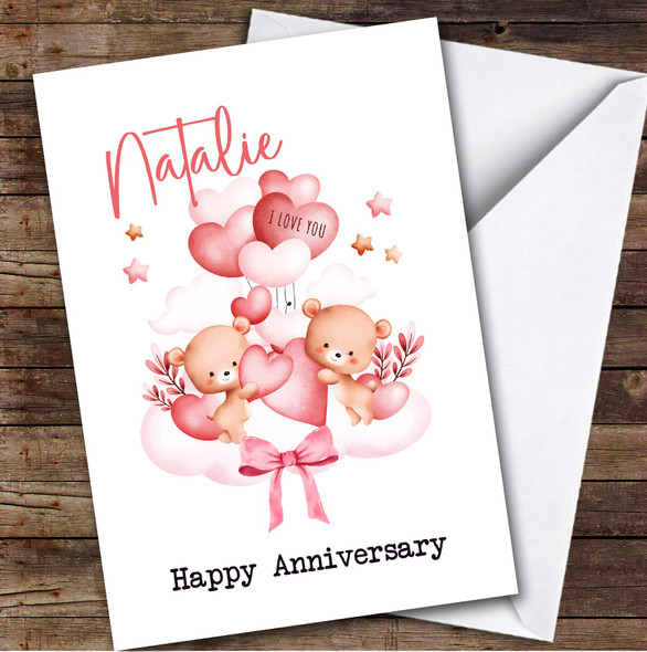 Personalised Cute Bears Balloon Hearts Happy Anniversary Card