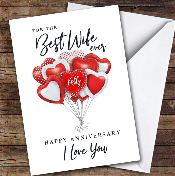 Personalised Red Heart Balloons Romantic Best Wife Ever Happy Anniversary Card