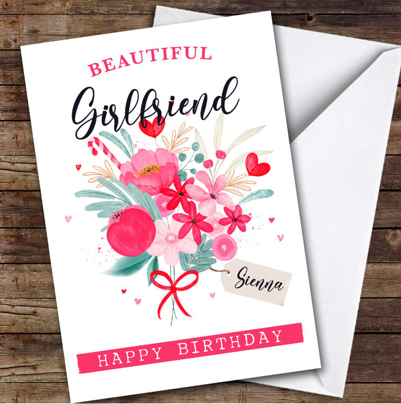 Personalised Pretty Pink Floral Bouquet Beautiful Girlfriend Happy Birthday Card