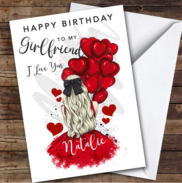 Personalised Woman With Red Heart Balloons Happy Birthday Girlfriend Card