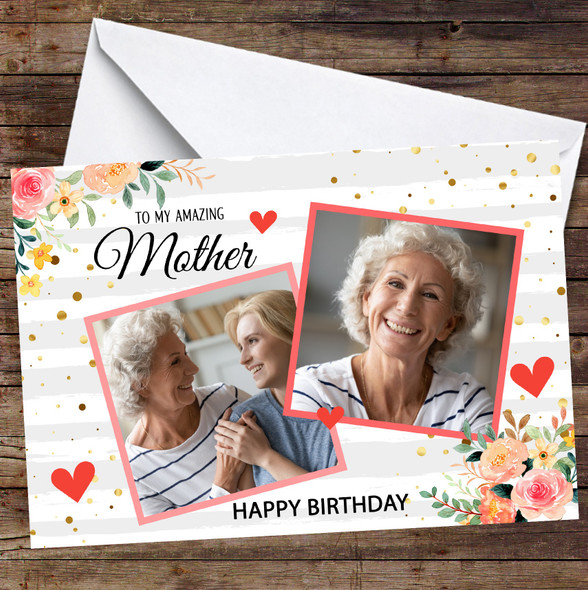 Personalised Amazing Mother Floral Sparkle Dots Border Happy Birthday Photo Card