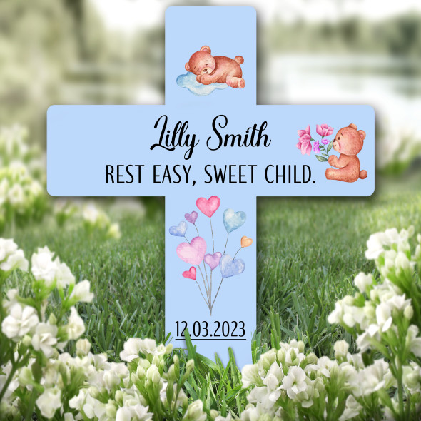 Cross Blue Teddy Bear Remembrance Garden Plaque Grave Marker Memorial Stake