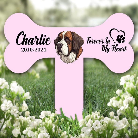 Bone Pink St. Bernard Dog Heart Pet Remembrance Grave Plaque Memorial Stake