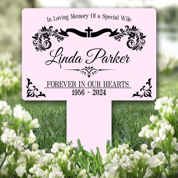Wife Floral Cross Pink Remembrance Garden Plaque Grave Marker Memorial Stake