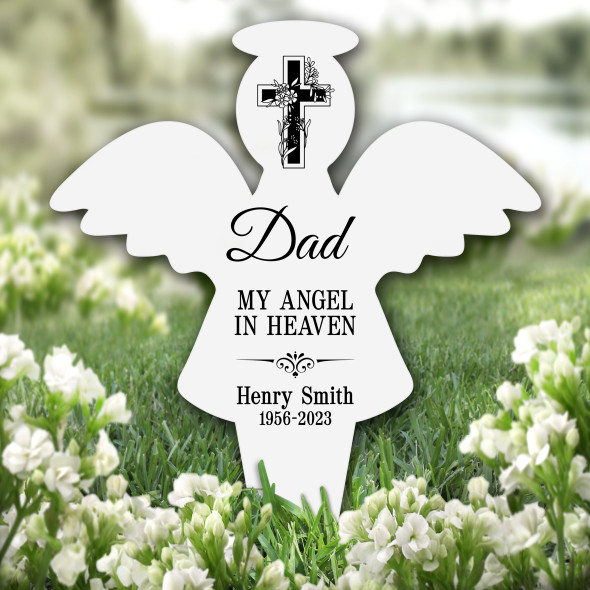 Angel Dad Floral Black Cross Remembrance Garden Plaque Grave Memorial Stake