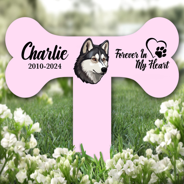 Bone Pink Husky Dog Heart Pet Remembrance Garden Plaque Grave Memorial Stake