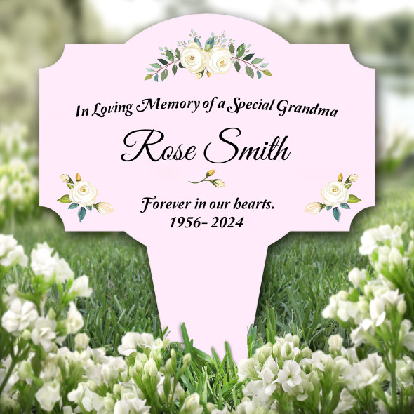 Pink Grandma White Roses Remembrance Garden Plaque Grave Marker Memorial Stake