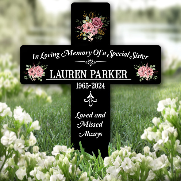 Cross Sister Black Pink Floral Remembrance Garden Plaque Grave Memorial Stake