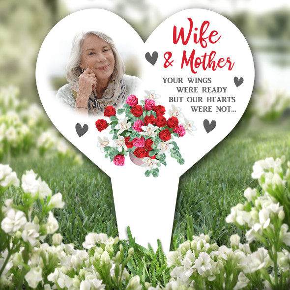 Heart Wife & Mother Roses Photo Remembrance Garden Plaque Grave Memorial Stake