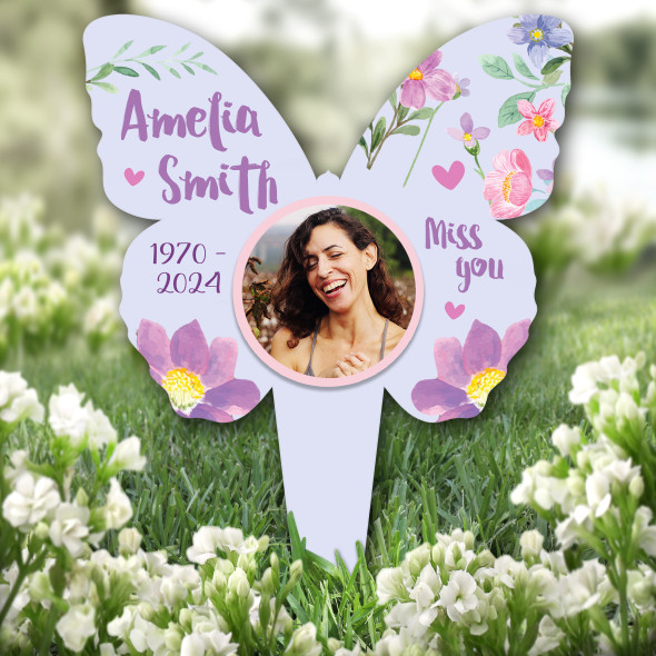 Butterfly Miss You Purple Flower Photo Remembrance Grave Plaque Memorial Stake
