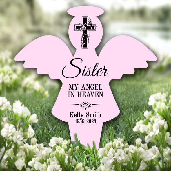 Angel Pink Sister Black Cross Remembrance Garden Plaque Grave Memorial Stake