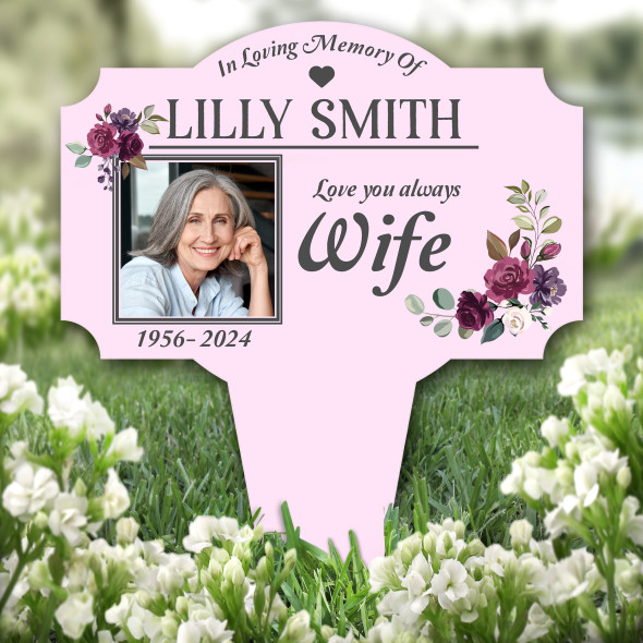 Pink Wife Floral Photo Remembrance Garden Plaque Grave Marker Memorial Stake