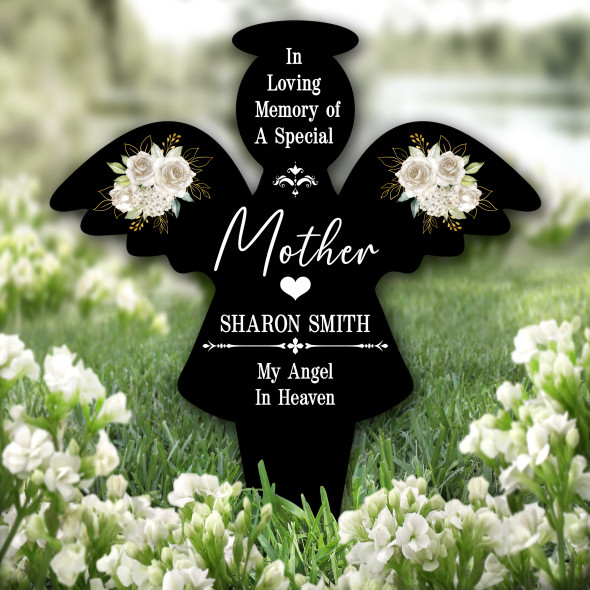 Angel Mother Black White Floral Remembrance Garden Plaque Grave Memorial Stake