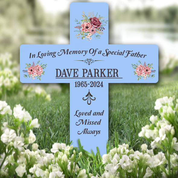 Cross Blue Father Grey Pink Remembrance Garden Plaque Grave Memorial Stake