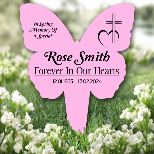Butterfly Pink Cross With Heart Remembrance Garden Plaque Grave Memorial Stake