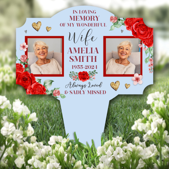 Wife Red Roses Photo Blue Remembrance Garden Plaque Grave Marker Memorial Stake