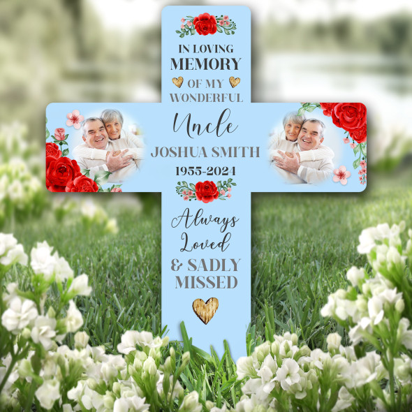 Cross Uncle Red Roses Photo Blue Remembrance Garden Plaque Grave Memorial Stake