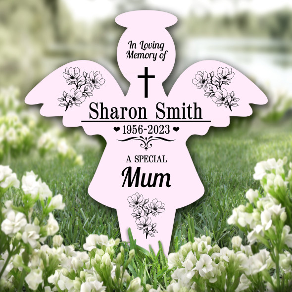 Angel Pink Mum Black Floral Remembrance Garden Plaque Grave Memorial Stake