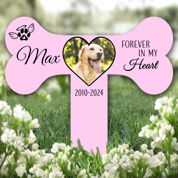 Bone Pink Heart Photo Dog Pet Remembrance Garden Plaque Grave Memorial Stake