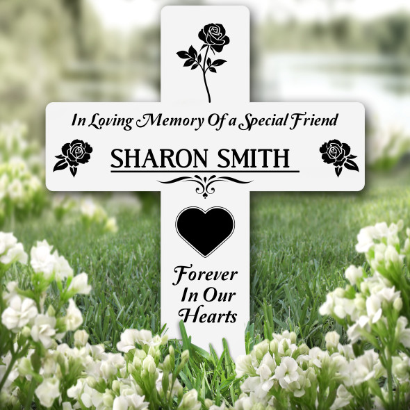 Cross Friend Black Rose Remembrance Garden Plaque Grave Marker Memorial Stake