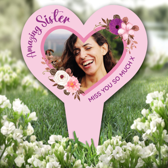 Heart Amazing Sister Pink Photo Remembrance Garden Plaque Grave Memorial Stake