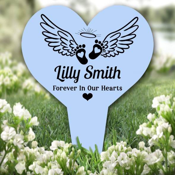 Heart Baby Feet With Wings Blue Remembrance Grave Garden Plaque Memorial Stake