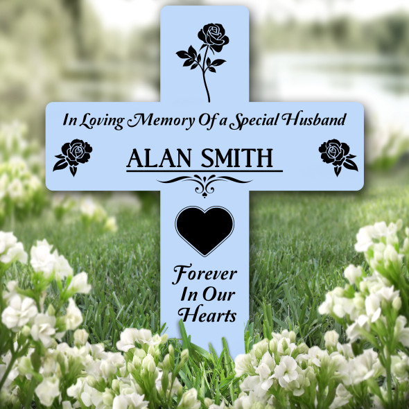 Cross Blue Husband Black Rose Remembrance Garden Plaque Grave Memorial Stake